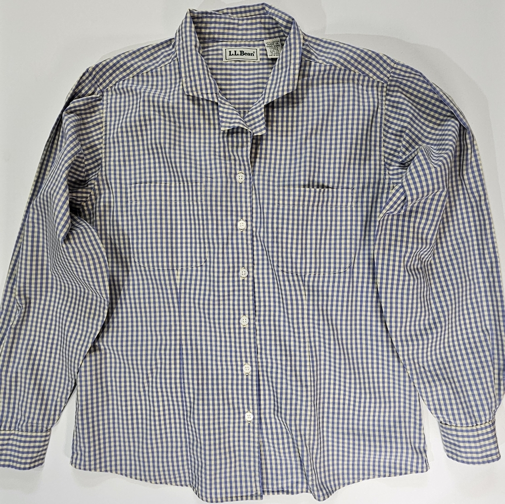 L.L. Bean Womens‎ Button Down Shirt Size 10 White Grey Classic Plaid Preppy Top